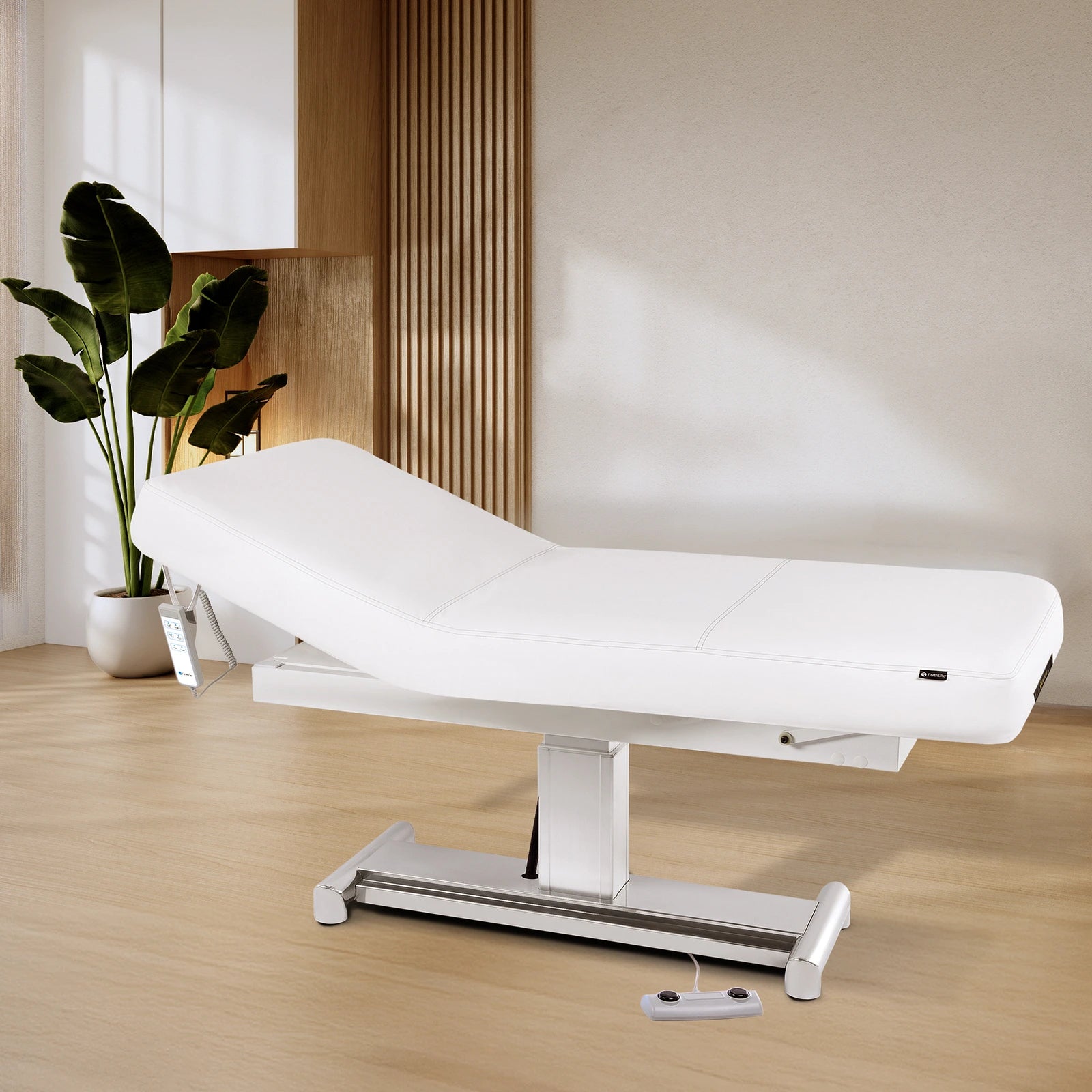 EarthLite EVEREST LX Tilt treatment table in a minimal room with wood floor and a plant.