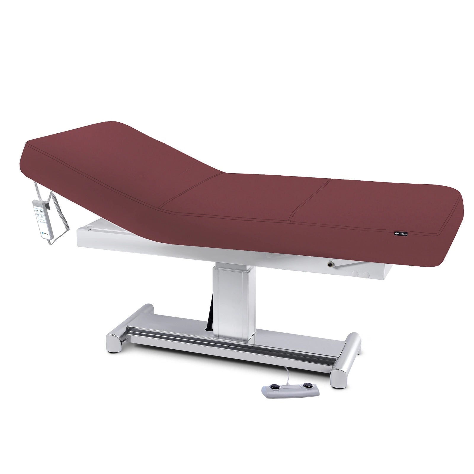 EarthLite EVEREST LX Tilt treatment table with maroon Comfort-Flex PU and metal base.