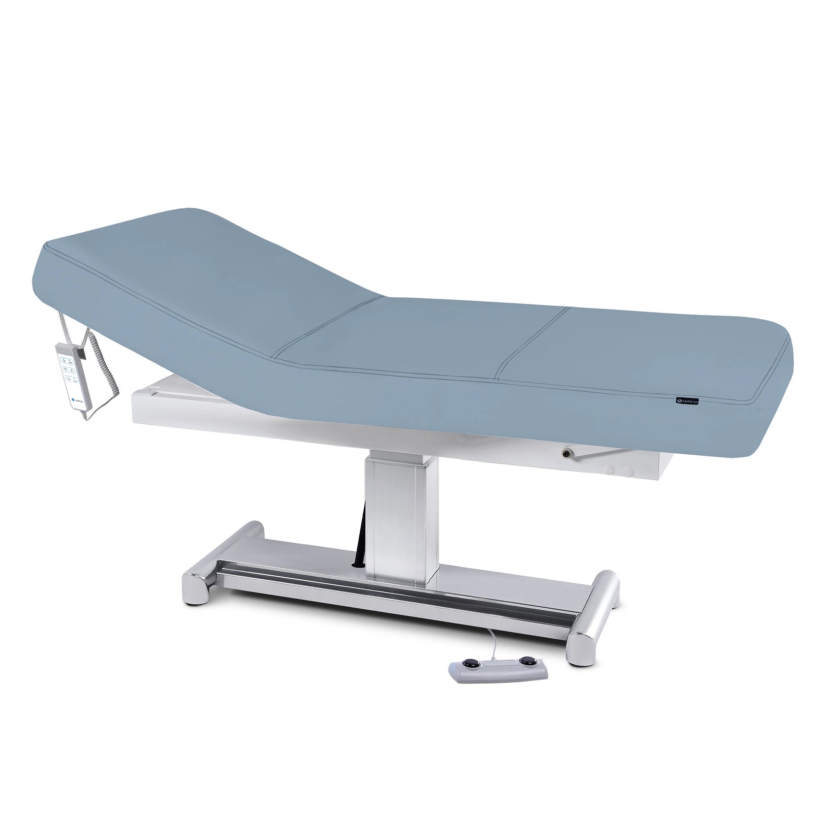 EarthLite EVEREST LX Tilt Table with blue Comfort-Flex PU and attached remote.