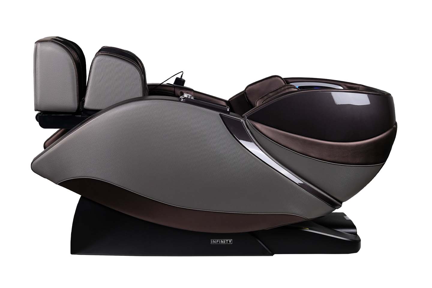 Certified Preowned Infinity Evo Max 4D Electric Massage Chair by Infinity, gray/black, side view.