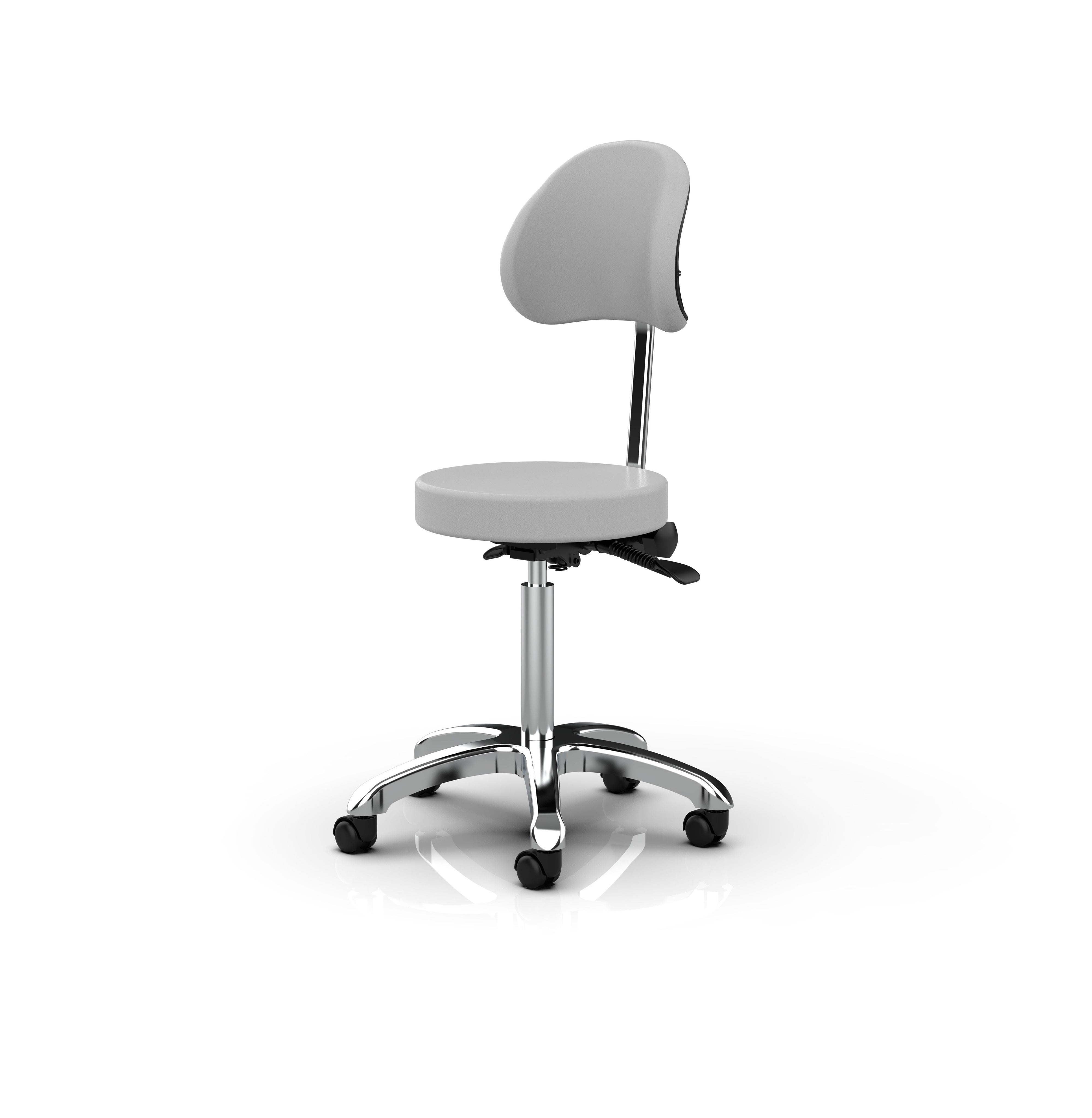 Silverfox America 1025B ergonomic stool with curved back and five wheels on chrome base.