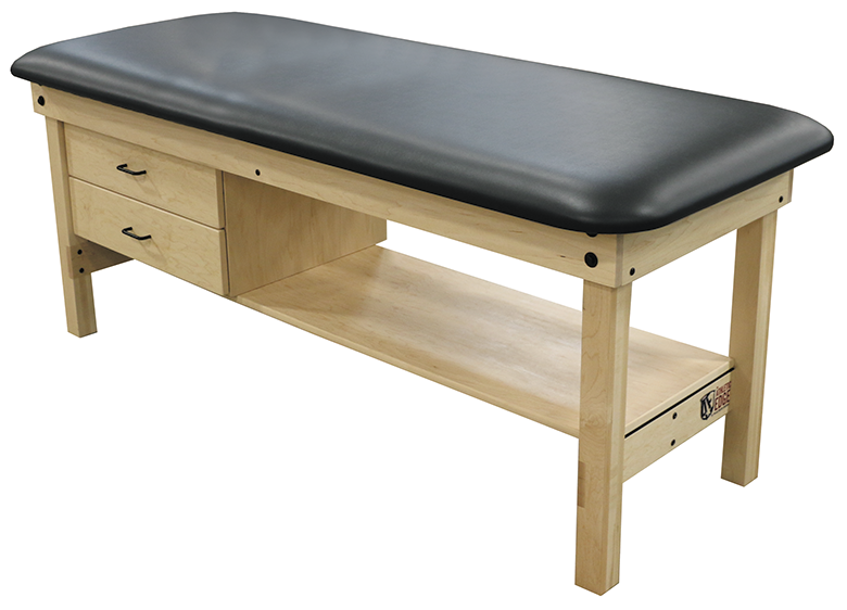PHS Chiropractic CLASSIC Wood Treatment Table with black cushion, drawers, and storage shelf.