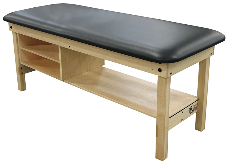 PHS Chiropractic CLASSIC Wood Table with black padded top and open storage shelves.