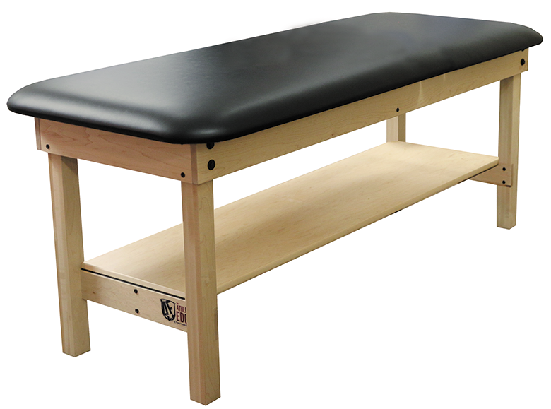 PHS Chiropractic CLASSIC Wood Treatment Table with black cushioned top and storage shelf.