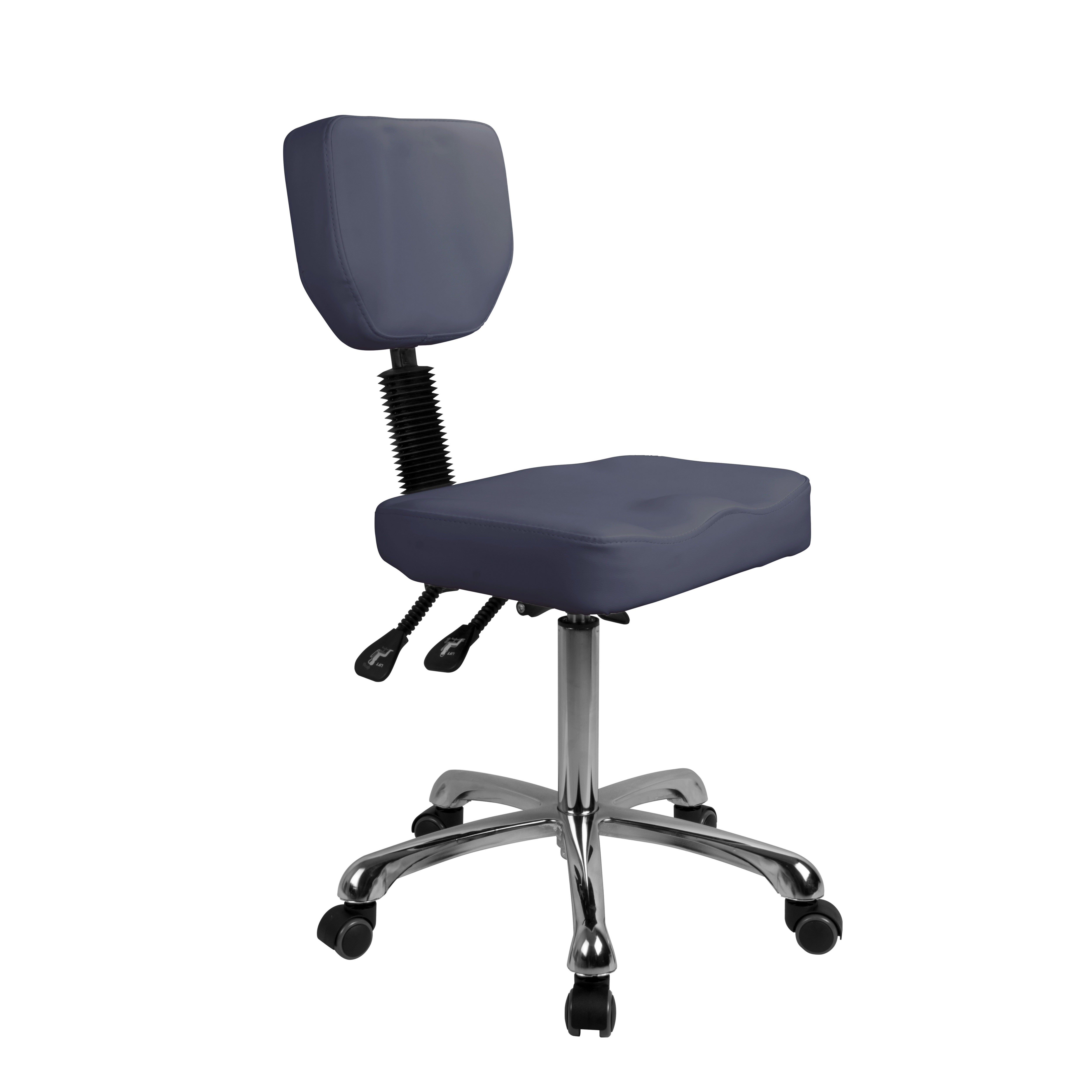 Silverfox America 1030 ergonomic stool with adjustable backrest and seat on wheels.