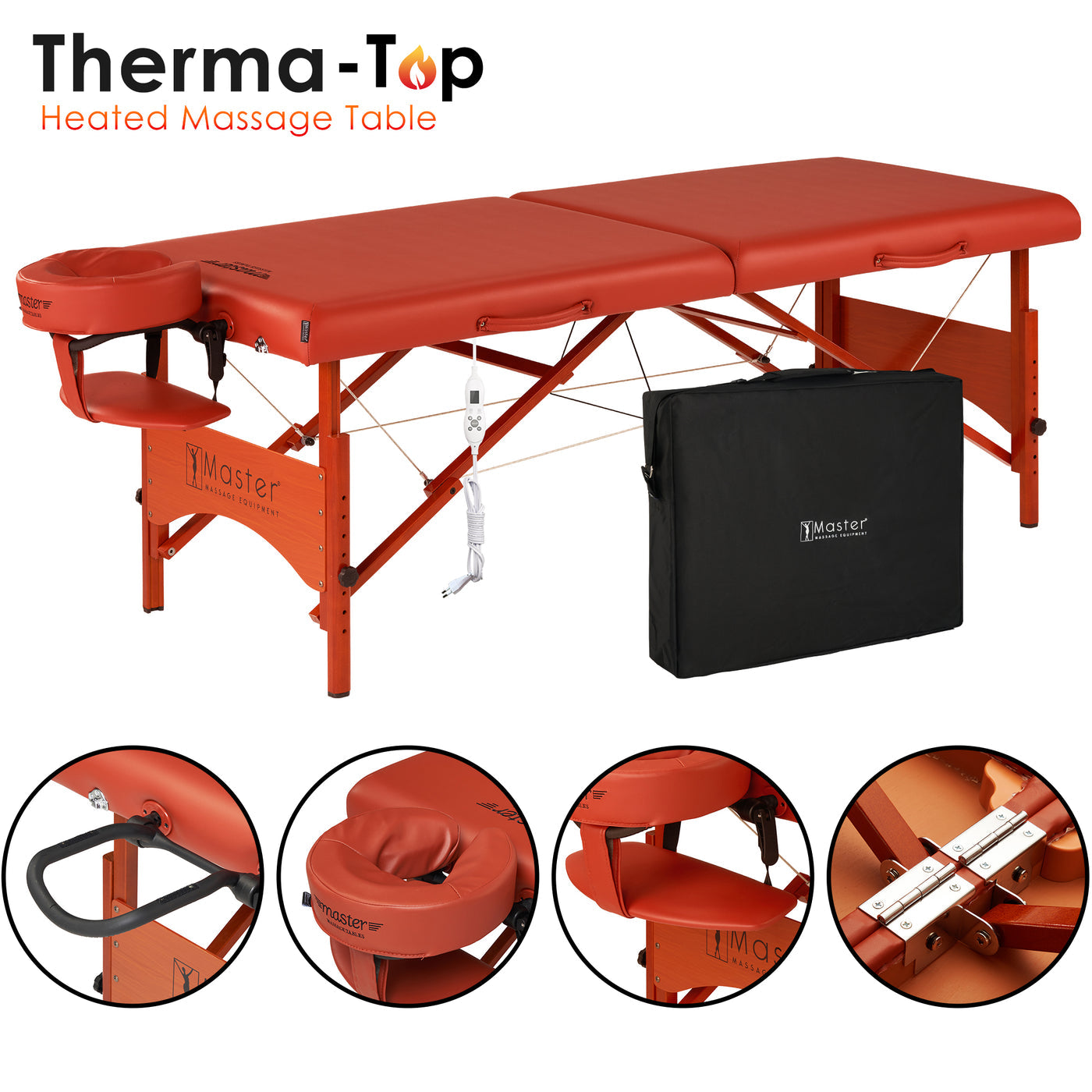 Master Massage FAIRLANE Table: Therma-Top heat, headrest, armrest, case, red.