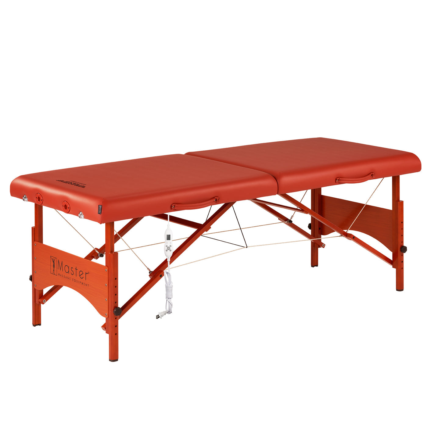 Master Massage FAIRLANE Therma-Top table, foldable with wood legs, shown open.
