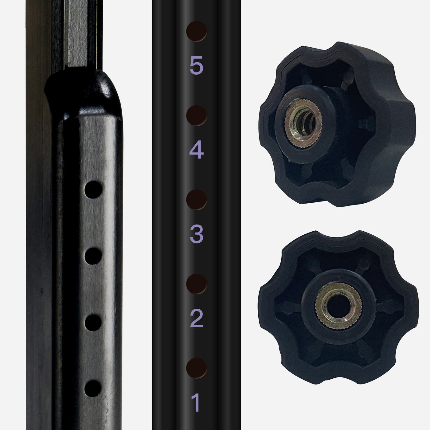 Close-up of metal rod on Master Massage GALAXY Table with numbered holes and black knobs.