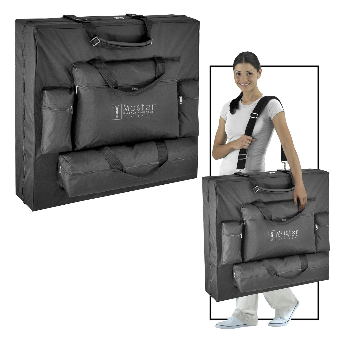 A woman carries a Master Massage GALAXY Table bag with multiple zippered pockets.