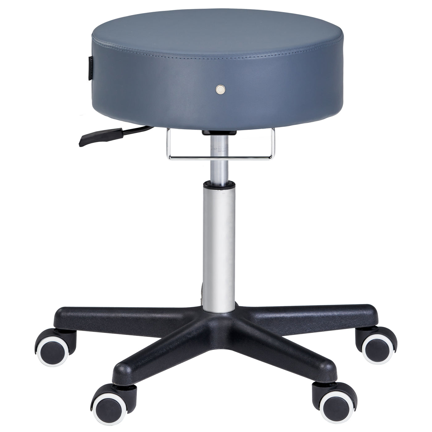 Master Massage The Glider blue adjustable rolling stool with swivel seat and 5 caster wheels.