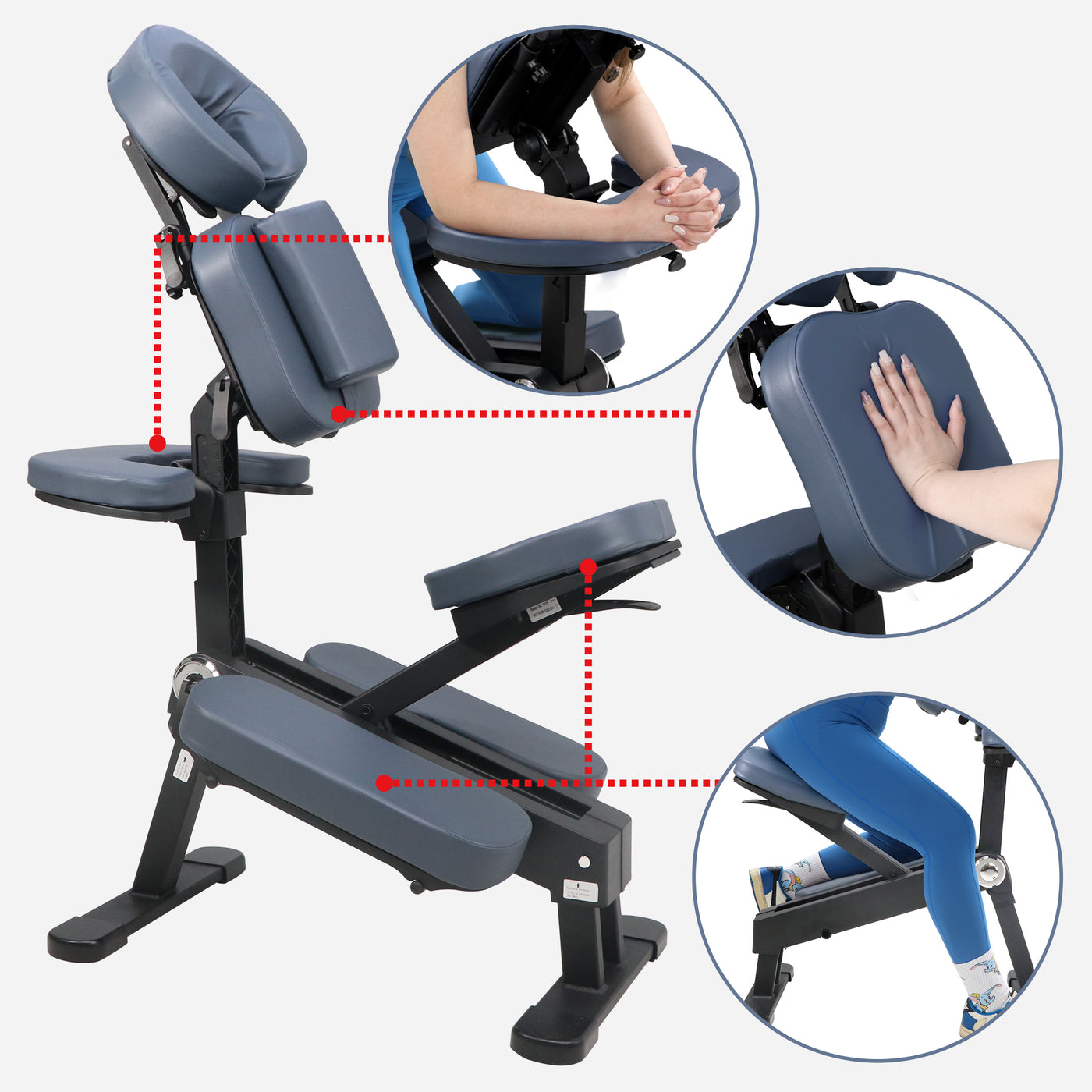 Master Massage Gymlane Portable Chair: ergonomic, lightweight with arm, chest & leg support close-ups.