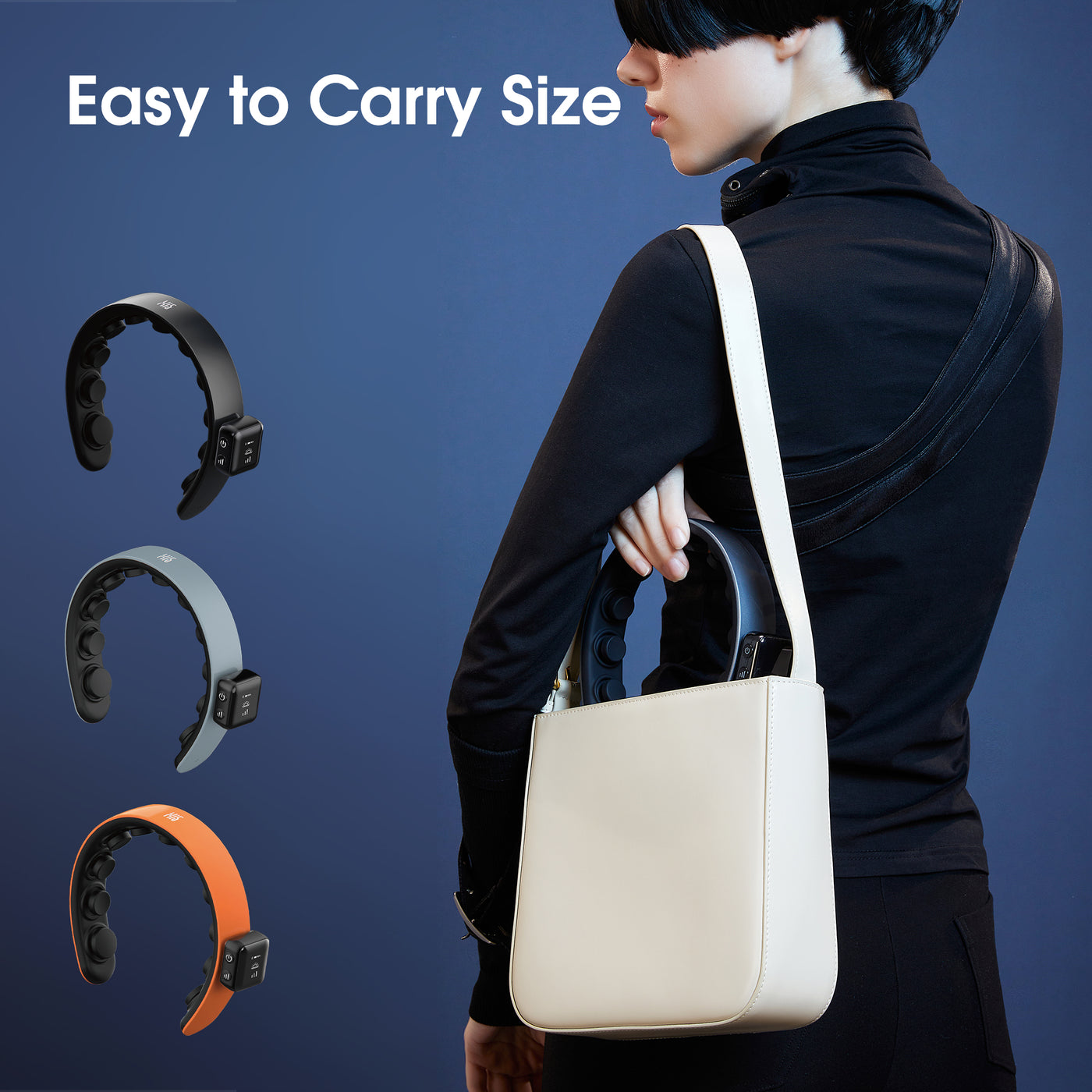Person holding a beige handbag with H1 Deluxe Electric Scalp Massager displayed on a blue background