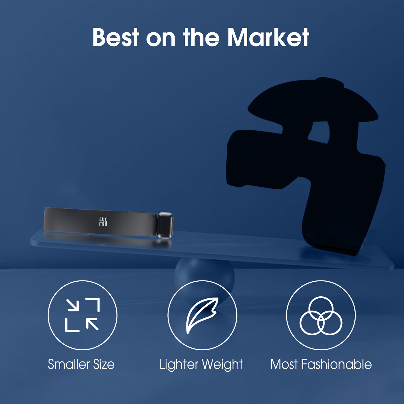 Black H1 Deluxe Electric Scalp Massager on a blue background with text 'Best on the Market' and icons for size, weight, and fashion.