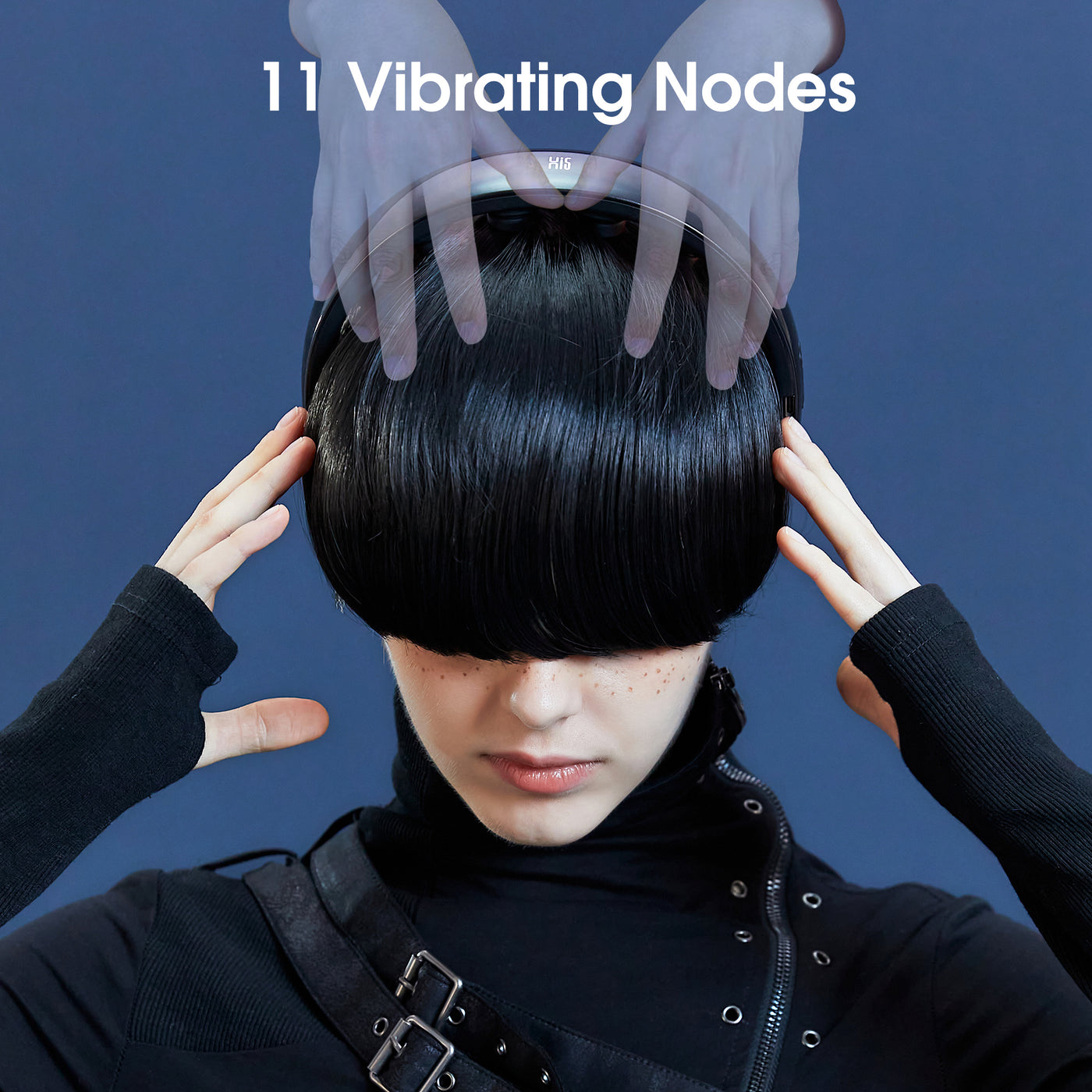 Person wearing a H1 Hands-Free Scalp Massager with hands adjusting it against a blue background, labeled '11 Vibrating Nodes'.