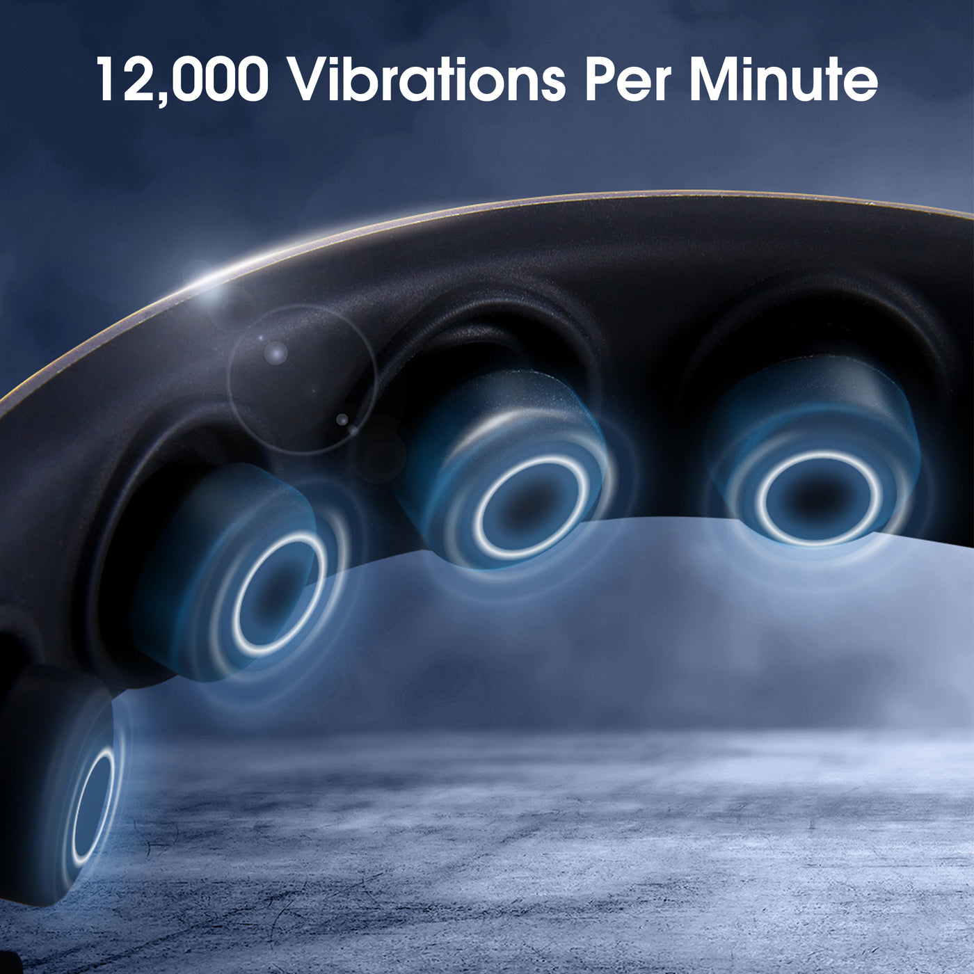 Massage device with vibrations shown, labeled '12,000 Vibrations Per Minute' on a dark background.