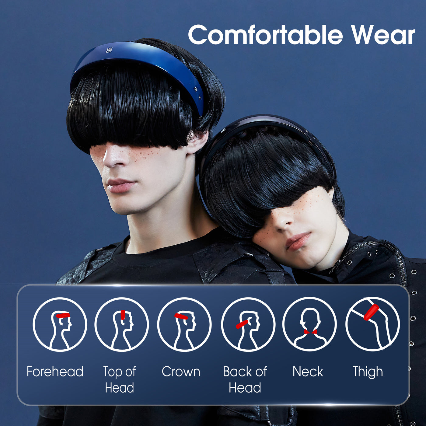Two people wearing H1 Hands-Free Scalp Massager with a label indicating 'Comfortable Wear' on a dark blue background.