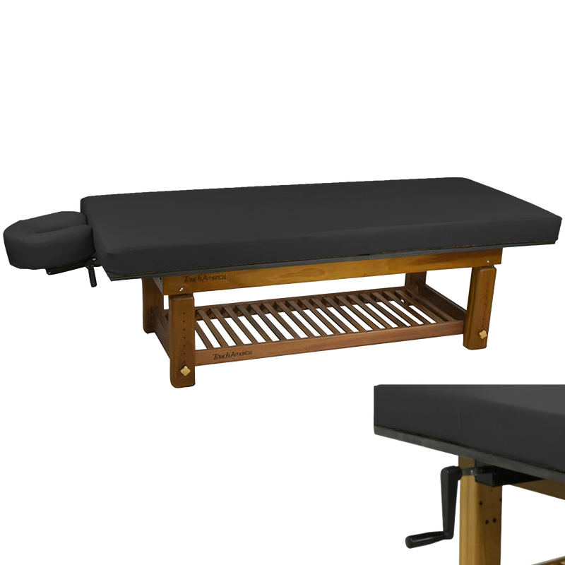 TouchAmerica SOLTERRA Teak Outdoor Treatment Table with black padding and adjustable face cradle.