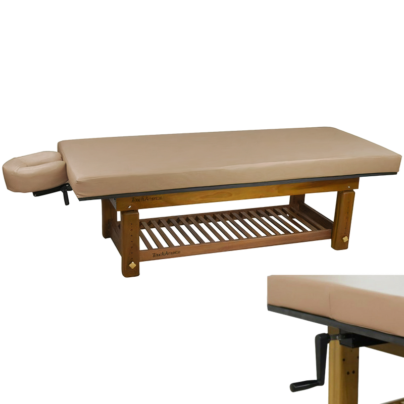 TouchAmerica SOLTERRA Teak Outdoor Treatment Table with headrest and shelf, height adjustable.