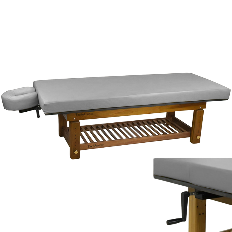 TouchAmerica SOLTERRA Teak Outdoor Table with gray cushion, face cradle, and storage shelf.