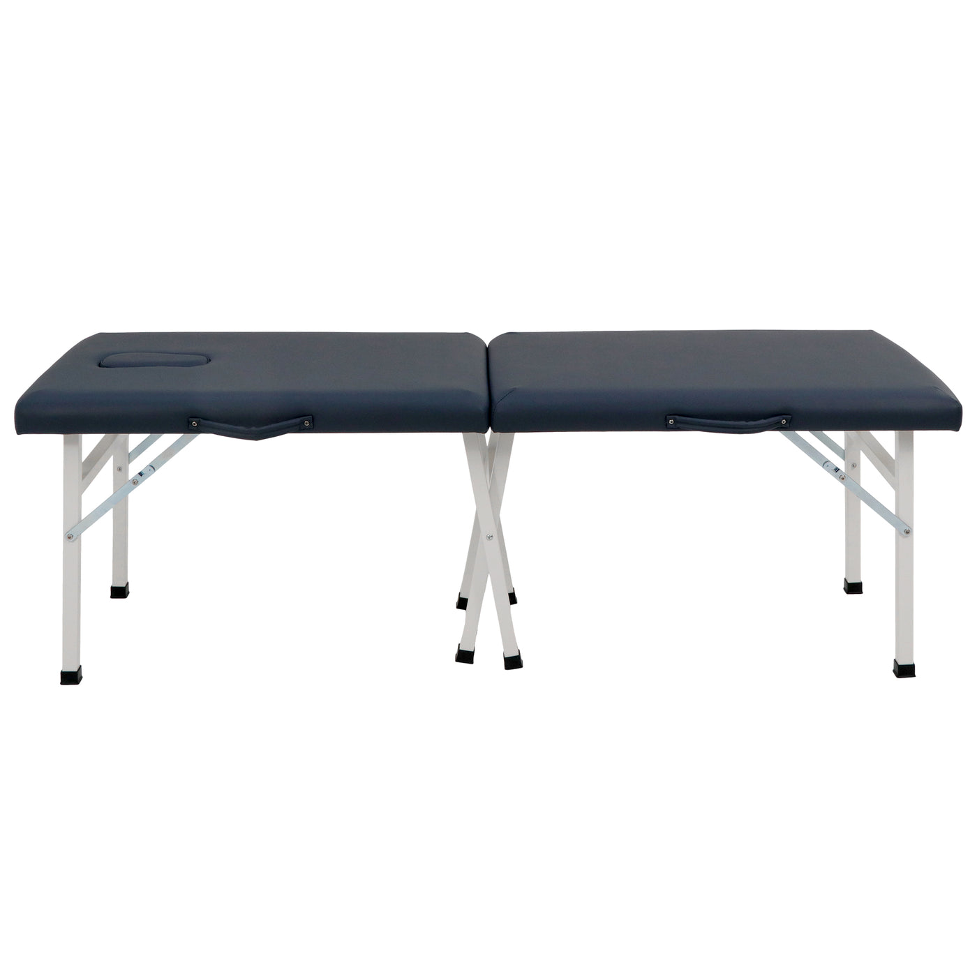 The Master Massage Harmon Economic Table has a dark blue pad and white metal legs; it's portable.