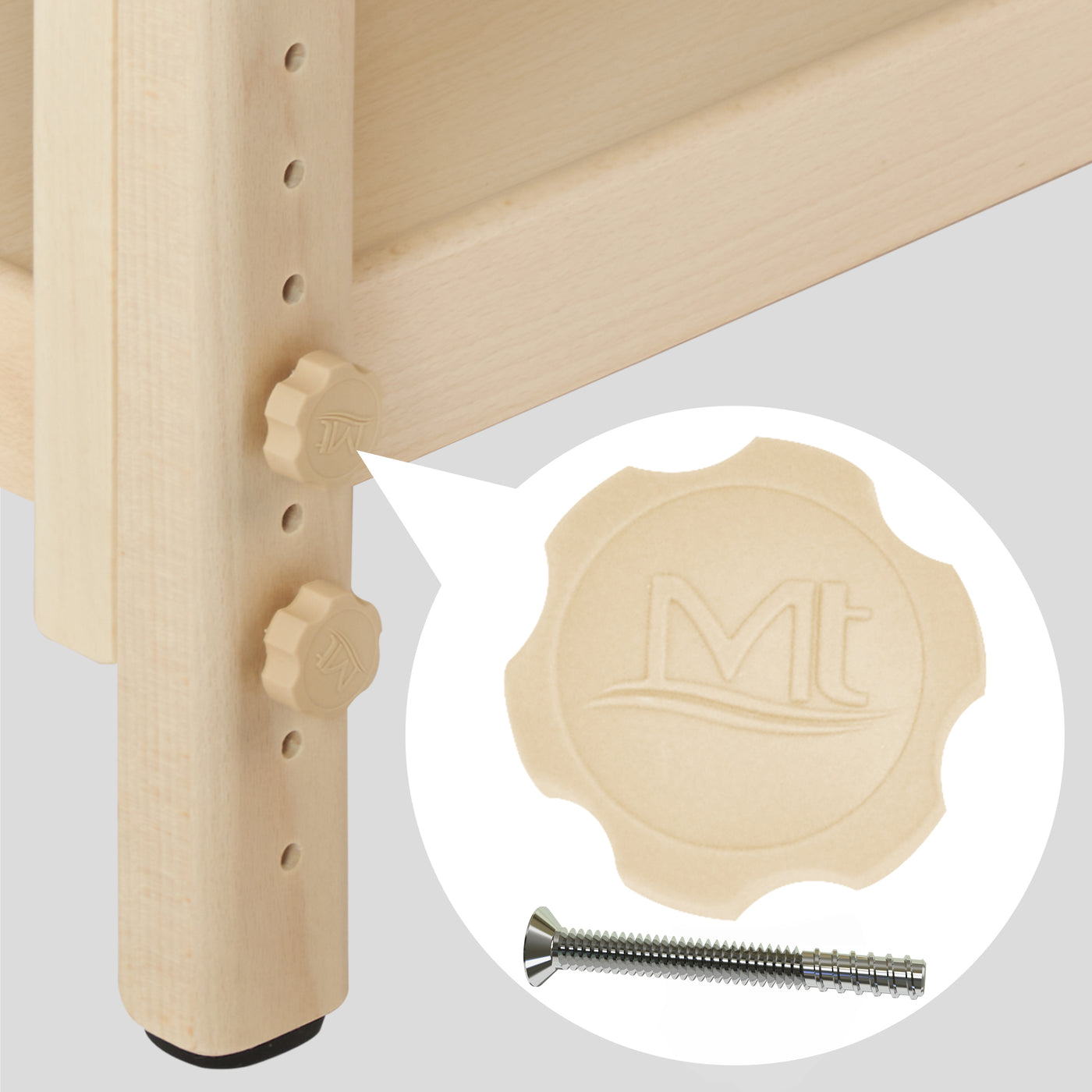 Close-up of MT Massage HARVEY Table’s adjustable wood, plastic knob, and oil-resistant upholstery.