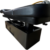 TouchAmerica SereniScalp black head spa table with hydraulic lift, viewed from below.
