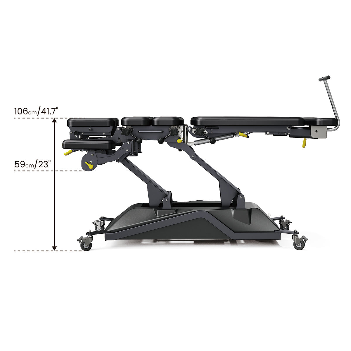 Black MT Chiropractic Herrington-480 Drop Chiropractic Flexion Distraction Manipulation Table with dimensions labeled on a white background