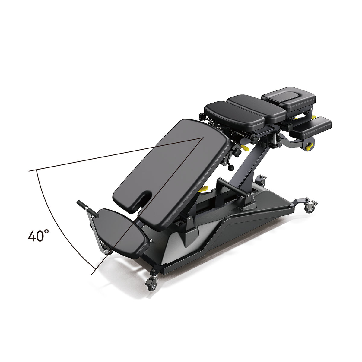 Black chiropractic table with adjustable angle indicator on a white background