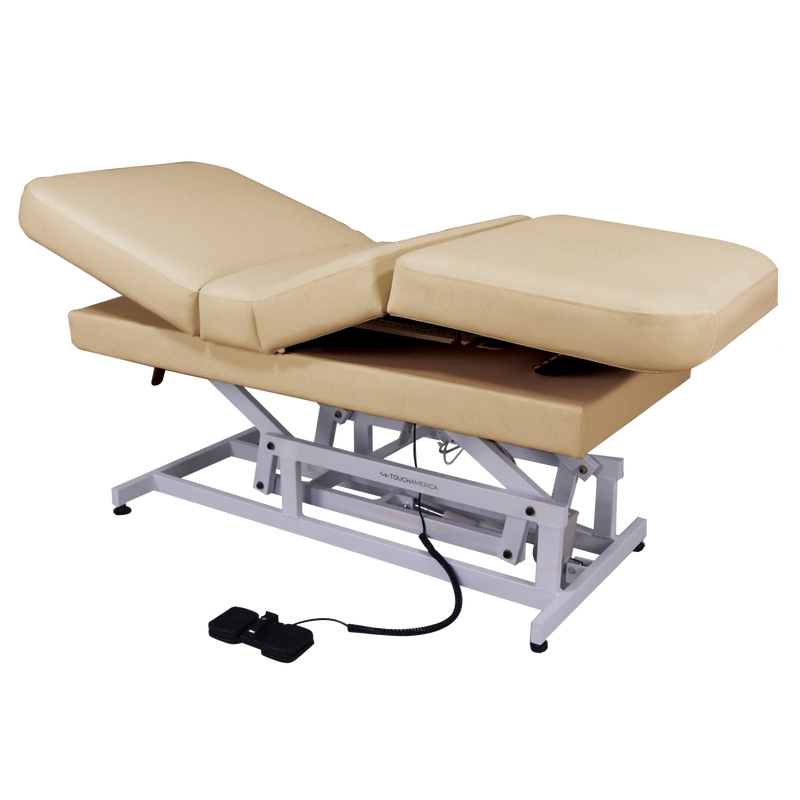 TouchAmerica HILO MULTIPRO ADA-compliant electric beige exam table with metal base.