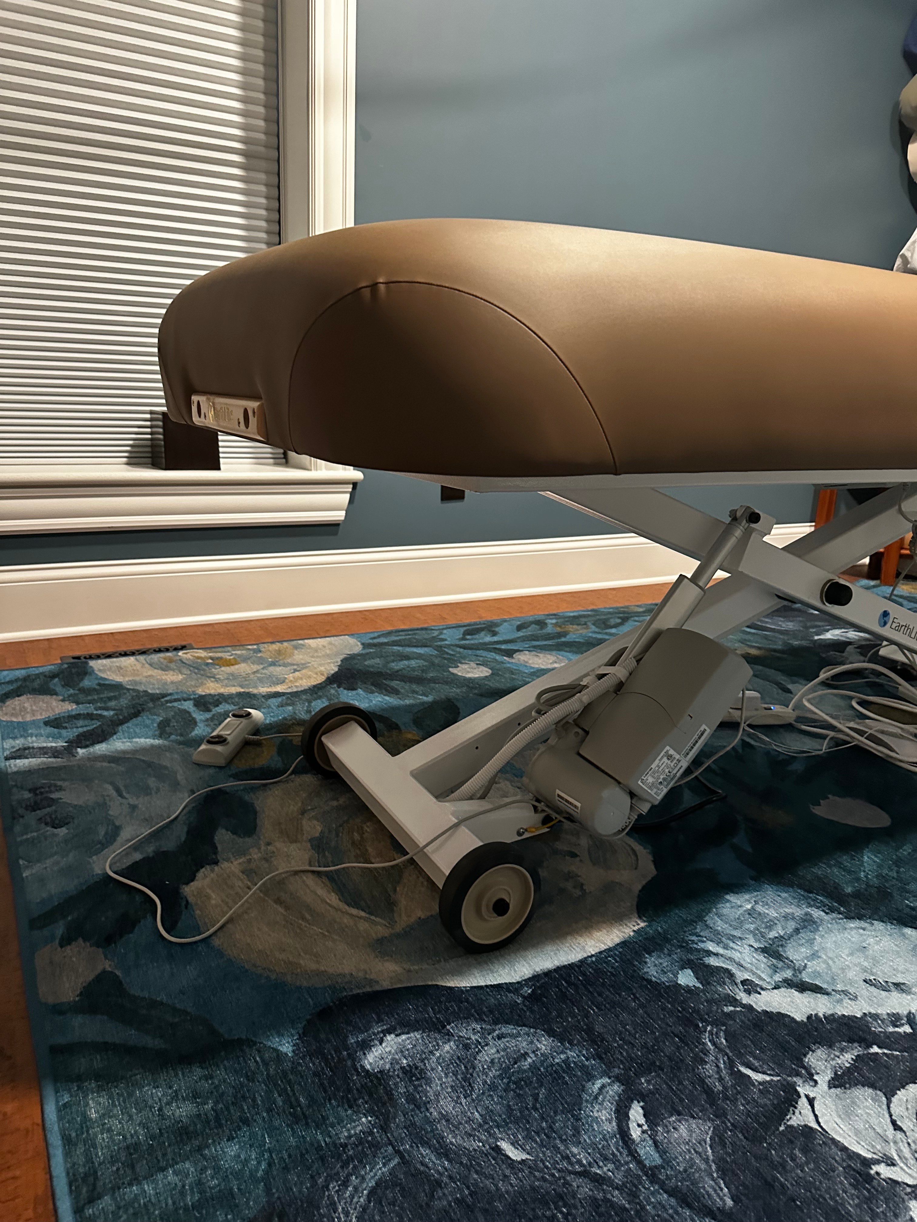 Brown cushioned EarthLite ELLORA TILT Mobile Massage Table on a blue patterned rug.