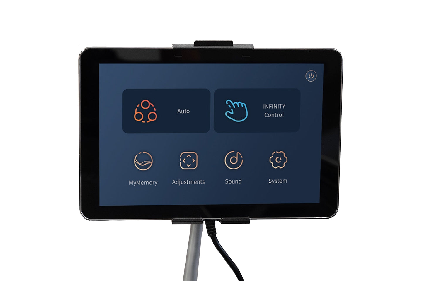 Control panel with touchscreen interface on a stand against a white background