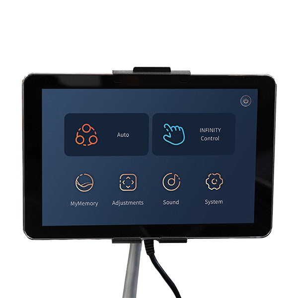 Tablet showing Infinity Imperial Syner-D (Certified Preowned) chair controls: Auto, Infinity, Settings.