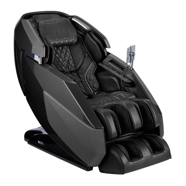 Black, modern Infinity Imperial Syner-D Massage Chair (Certified Preowned) with controls.