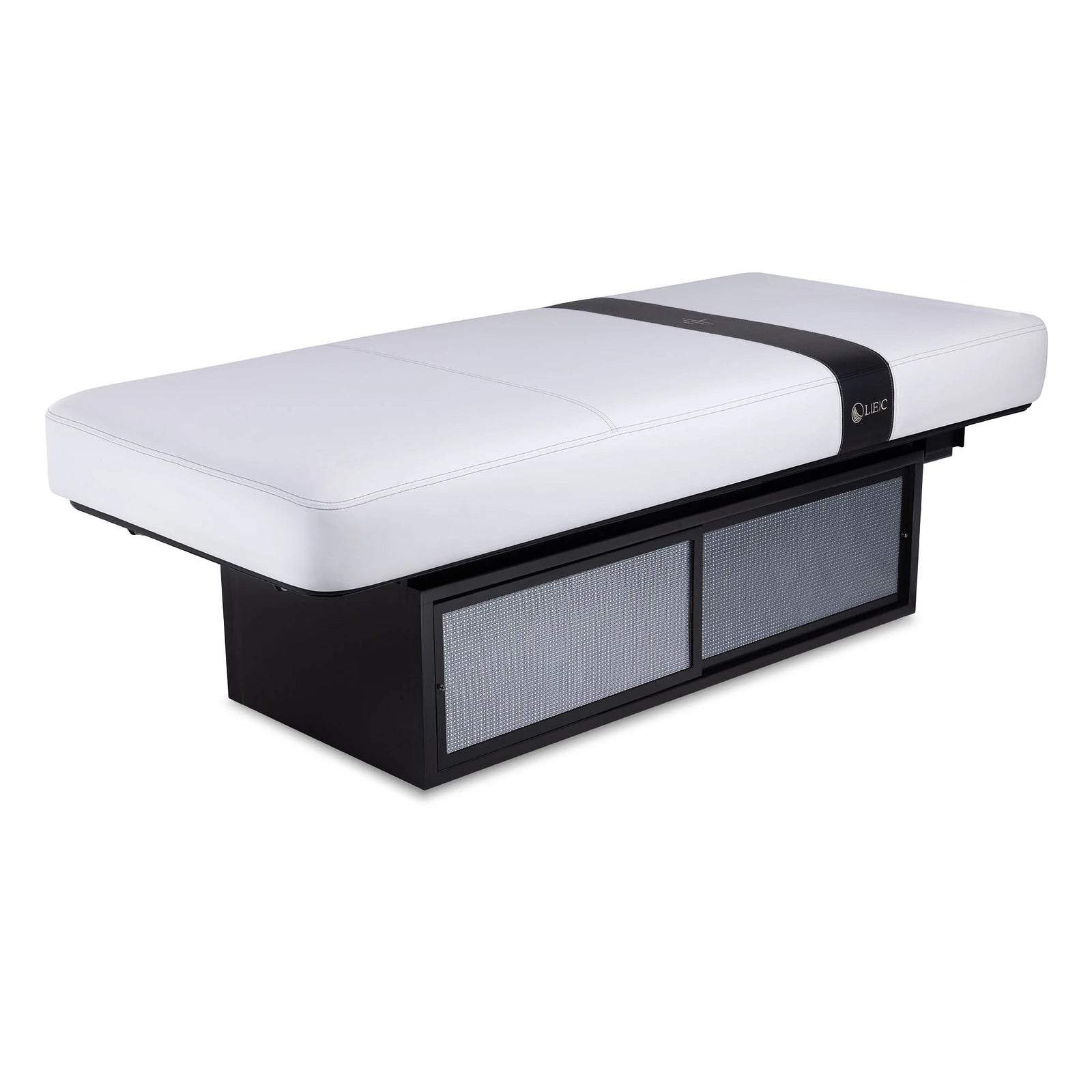 Living Earth Crafts INSIGNIA 2.0 METROWEAVE Multi-Purpose Treatment Table with Black Woven Metal base shown on a white background.