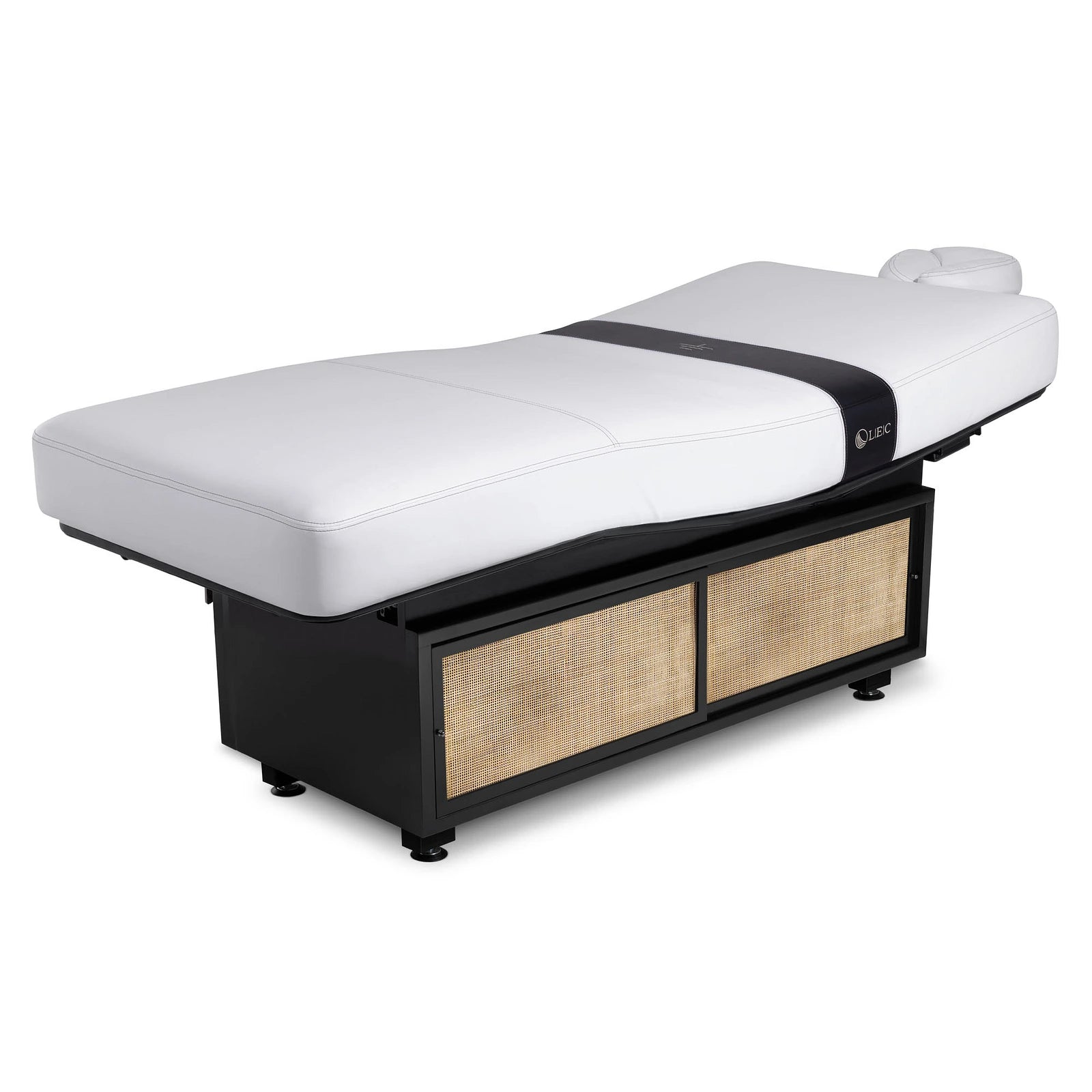 Living Earth Crafts INSIGNIA 2.0 METROWEAVE Multi-Purpose Treatment Table with Woven Rattan Strand base shown on a plain white background.