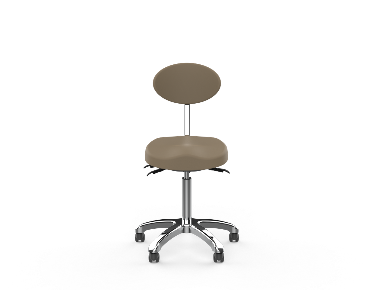 Silverfox America 1025E Beauty Stool—ergonomic saddle stool with round backrest, brown finish.