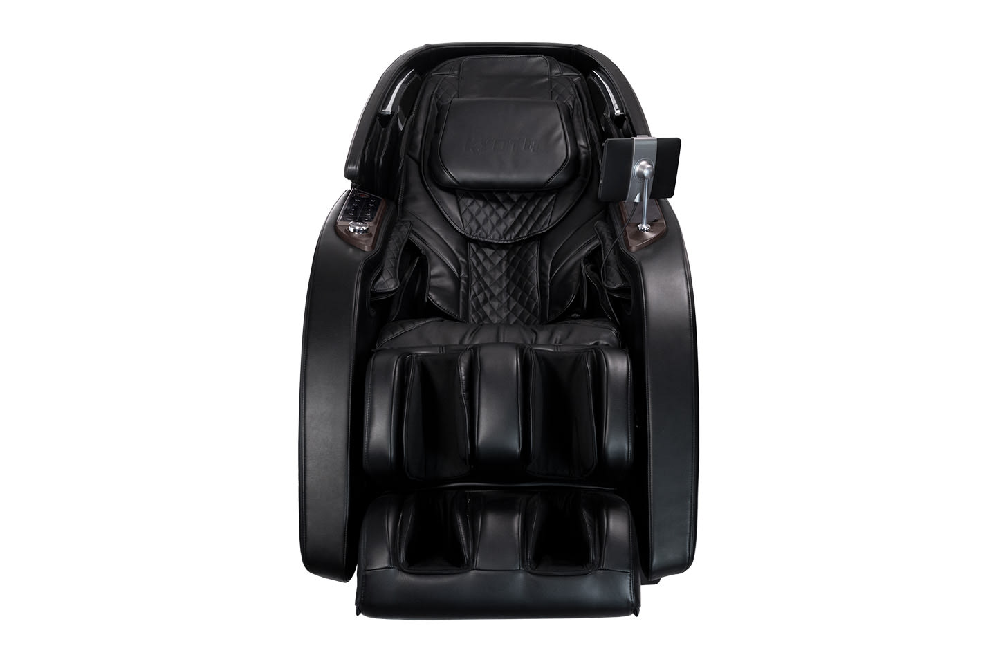 Kyota Nokori M980 Syner-D Electric Massage Chair in black leather with tablet holder, front view.