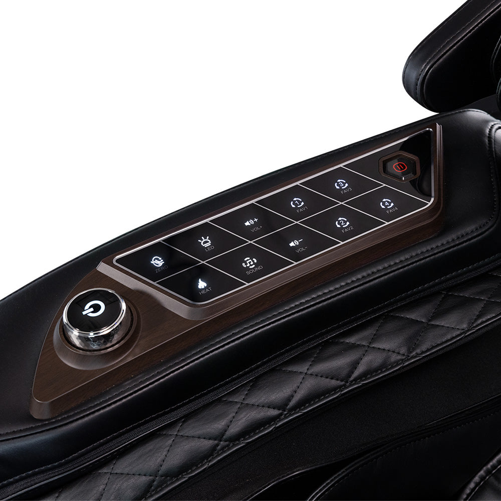 Close-up of the Kyota Nokori M980 Syner-D control panel on a black leather massage chair.