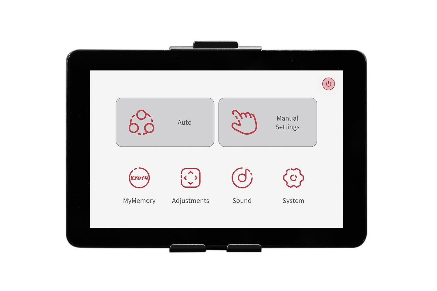 Tablet shows six menu options for the Kyota Nokori M980 Syner-D Electric Massage Chair.