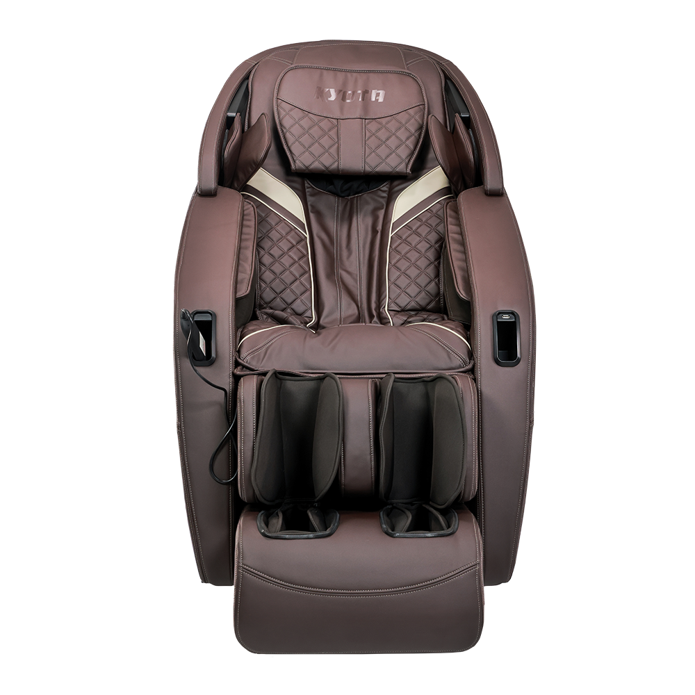 Kyota Yugana M780 4D Massage Chair in brown leather with padded arm, leg, and calf rests, front view.