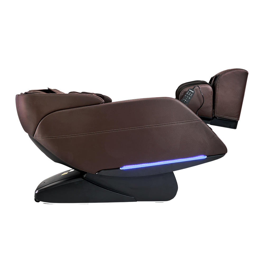 Kyota Yugana M780 4D massage chair in brown with calf massage, footrest, and blue LED light.
