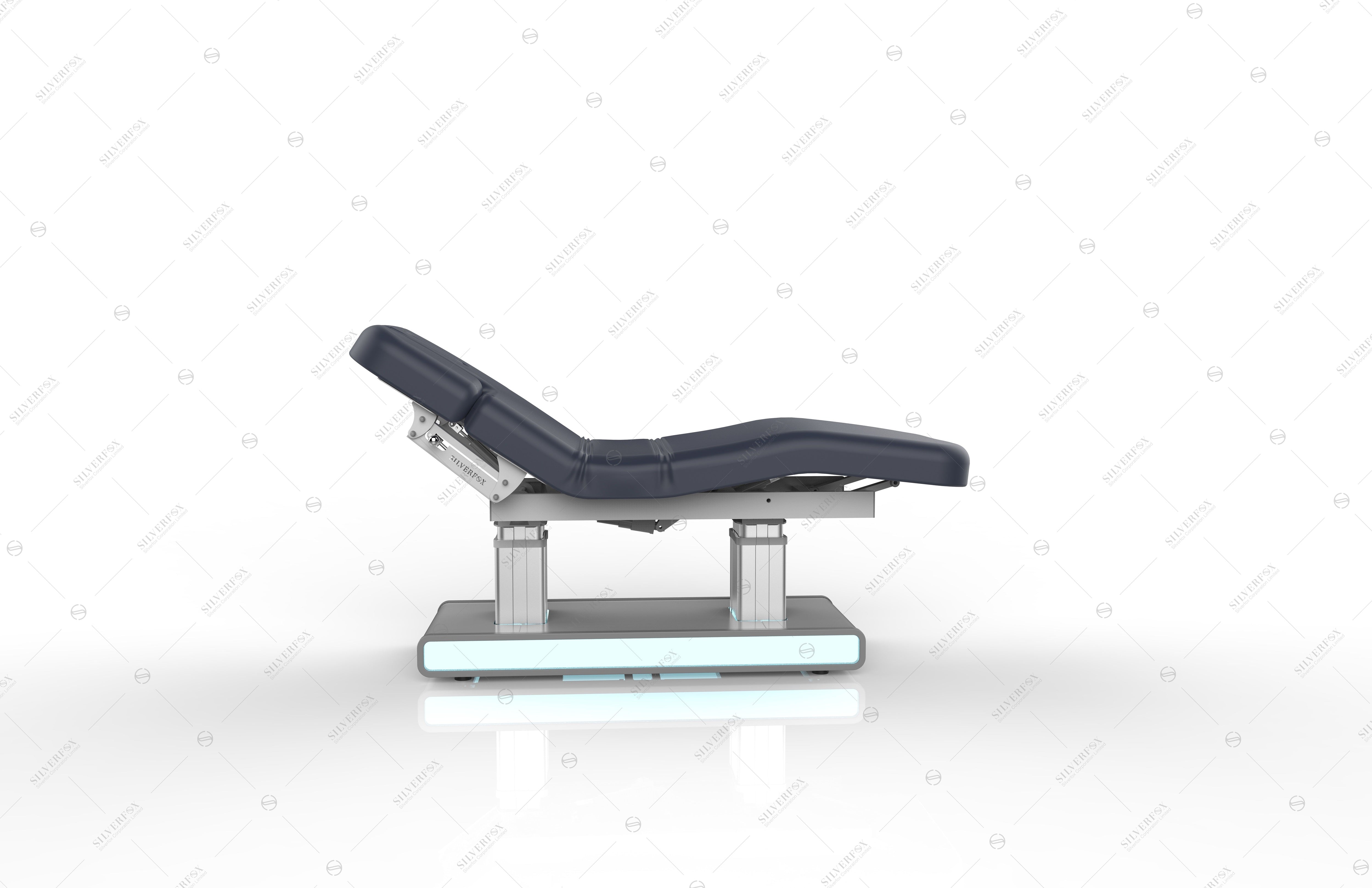 Silverfox America 2275 electric massage table with raised head and leg sections, side view.