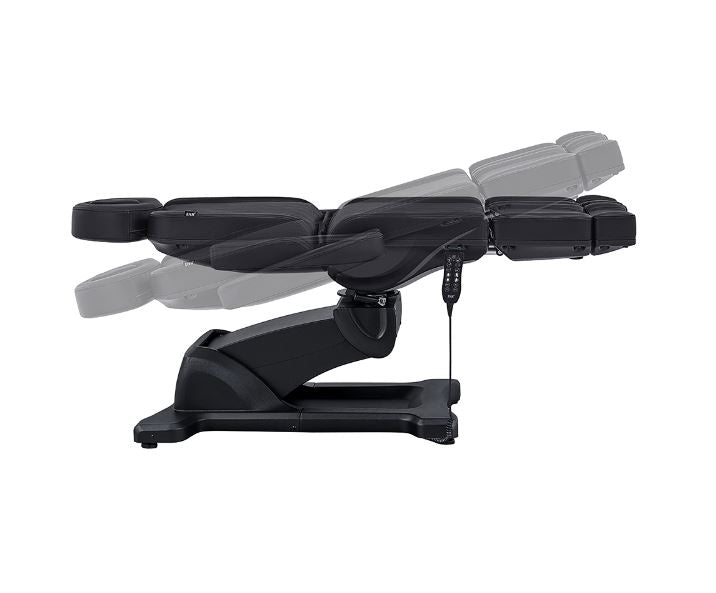 Libra II Full Medical Electric Procedure Chair in Black by DIR shown reclined, side view.