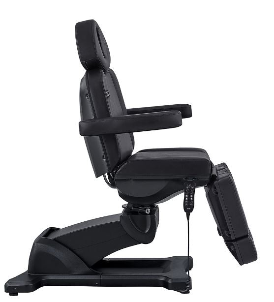 DIR Libra II Full Medical Electric Procedure Chair in black with footrest and remote, side view.