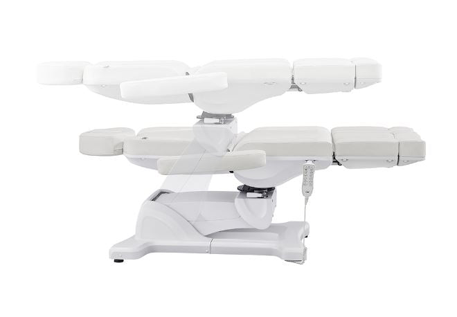 Libra II Full Medical Electric Procedure Chair by DIR in white, side view with remote control.