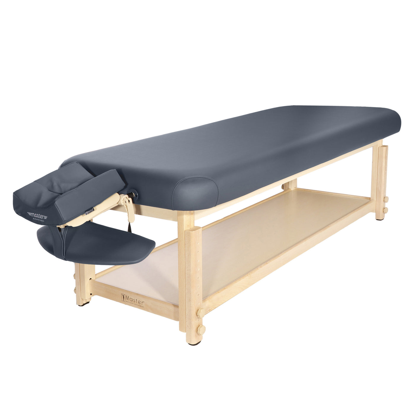 Master Massage LAGUNA stationary table with padded top, face cradle, and storage shelf.