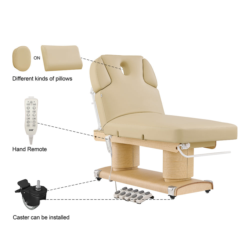 Beige massage table with various attachments labeled on a white background