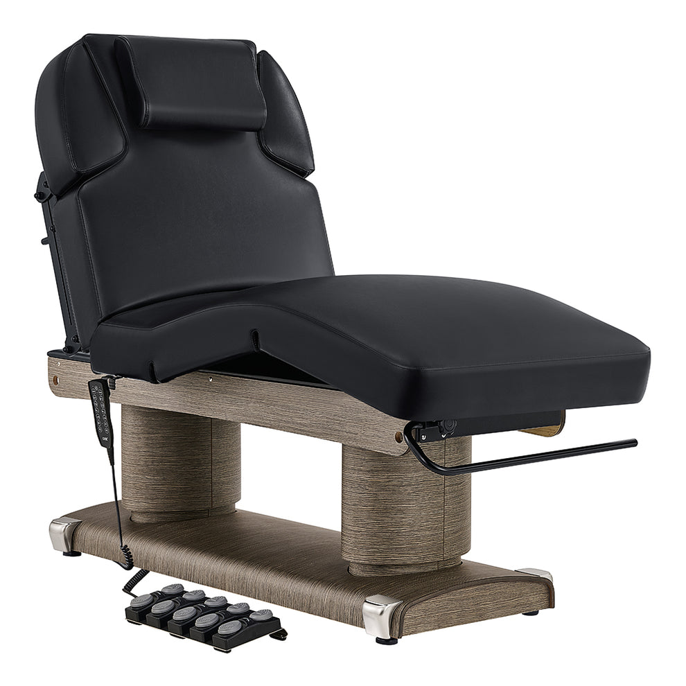 Black Luxi 4 Motors Medical Spa Treatment Table DIR with wooden base on a white background
