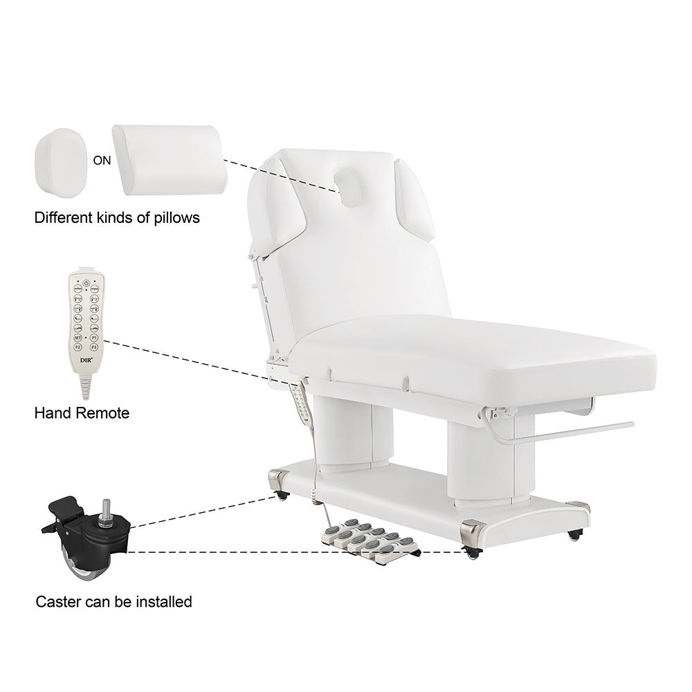 White medical examination table with various attachments labeled on a white background