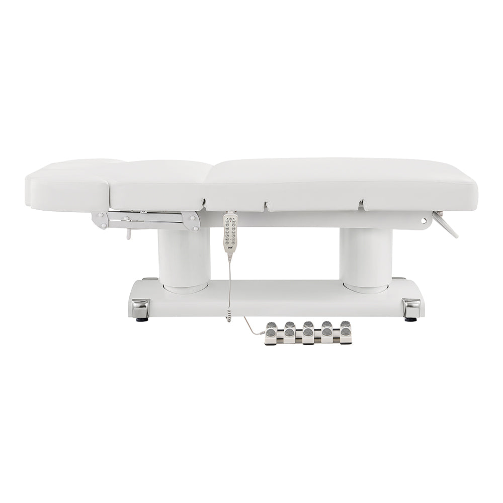 White Luxi table with foot and hand control on a white background